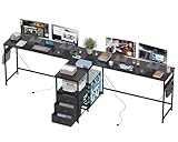 YOSHOOT 2 Person Computer Desk - 87' Long Gaming Desk with 3 Fabric Drawers and 2 Power Outlets, Home Office Doubule Desk for Adults and Teenagers, Black