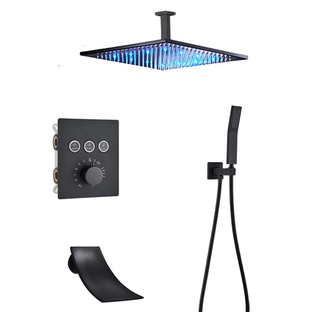 Yniyujkl Black Thermostatic Bathroom Shower Faucet Rainfall Shower Head Wall Mounted Bathtub Mixer Tap Bath Shower Set Wall-A-3Way-16Inch Ceiling,A-3Way-16Inch Ceili