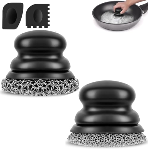 Image of Cast Iron Scrubber (1Pack Black Coarse Mesh + 1Pack Black Fine Mesh) and and Scraper, Chain Mail Scrubber for Cleaning Stock Pots, Pans, Griddles, Grills, Cast Iron Skillets, Dish Scouring Pads