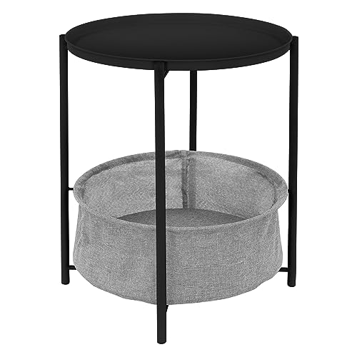 ML-Design Mesa Auxiliar Redonda Ø 46 x AL 51 cm Negro de Metal Mesita de Centro con Cesta de Tela y Bandeja Extraíble Velador con Almacenamiento Mueble de Diseño Moderno Mesilla de Noche Pequeña