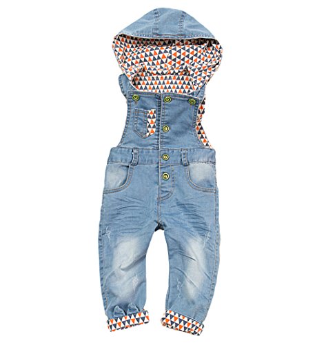 KIDSCOOL SPACE Baby Denim Overall,Hooded Little Kid Jean Jumper,Light Blue,12-18 Months