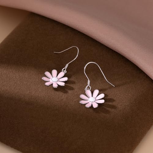 SLUYNZ 925 Sterling Silver Flower Dangle Earrings for Women Teen Girls Daisy Pink Flower Drop Earrings Summer Spring4