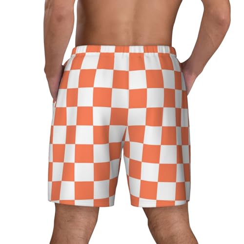 White Orange Squares Checkerboard Funny Men's Swim Trunks Board Shorts Quick Dry-4