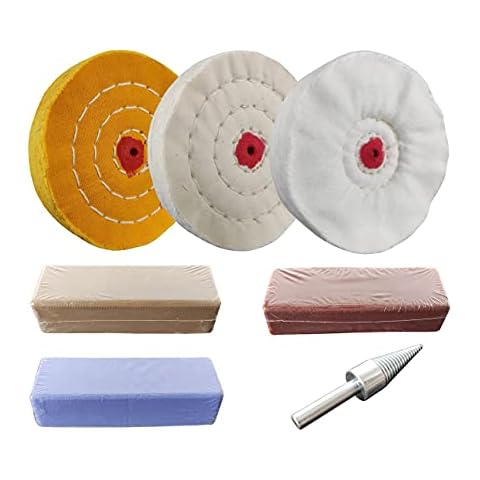 PURUI 7PC 4 Inch Buffing Wheel Kit for Drill or Mini Bench Grinder-Includes 3PC Buffing Wheels with Shellac Pin-Hole Center-3PC 100g Bar Brown, Blue, Rouge Polishing Compound-1PC 1/4" Drill Adapter Cover