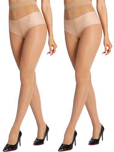 HONENNA Sheer Nude Tights for Women 2 Pairs Ultra Thin Reinforced T Crotch Control Top Pantyhose