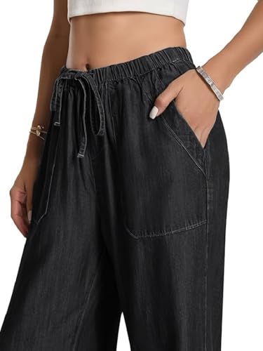 Image of TOPLOT Woman's Wide Leg Drawstring Trousers with Elastic Waist | Relaxed Fit Casual Pants with Pockets | Comfortable Everyday Wear for Travel and Office Wear (5251)