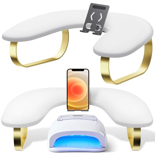 Nail Arm Rest with Rotating Phone Holder Arm Rest for Nails Tech PU Leather Nail Tech Arm Rest U-Shaped Hand Rest for Nails Tech Manicure Hand Rests for Foot Hand Stand White