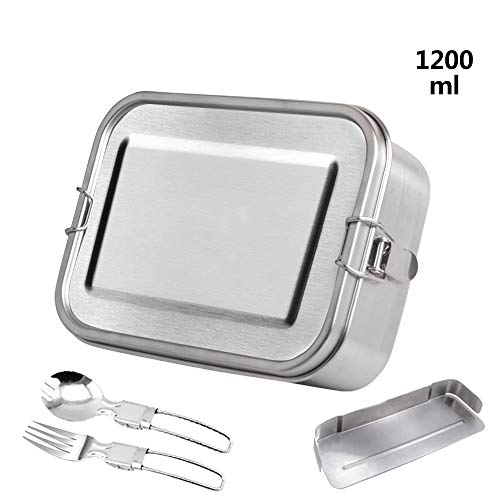 Meckily Boîte à déjeuner en acier inoxydable 304 sans plastique, de qualité alimentaire, 20 x 15 x 6,5 cm, 1200 ml, sans BPA, séparateur et 2 compartiments, boîte à déjeuner et bento pour enfants et adultes