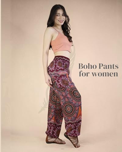 Boho Pants | Calça harém feminina com bolsos | Pijama rodado macio e respirável | Calças de ioga mac