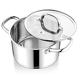 E-far Stainless Steel Stockpot, 5 Quart Pot with Glass Lid for Soup Pasta, Induction Nontoxic Cooking Pot for All Stoves, Thick Tri-Ply Bottom & Double Riveted Handle, Oven & Dishwasher Safe