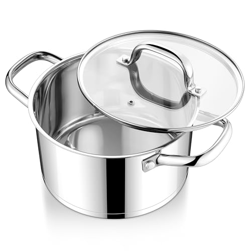 E-far Stainless Steel Stockpot, 5 Quart Pot with Glass Lid for Soup Pasta, Induction Nontoxic Cooking Pot for All Stoves, Thick Tri-Ply Bottom & Double Riveted Handle, Oven & Dishwasher Safe