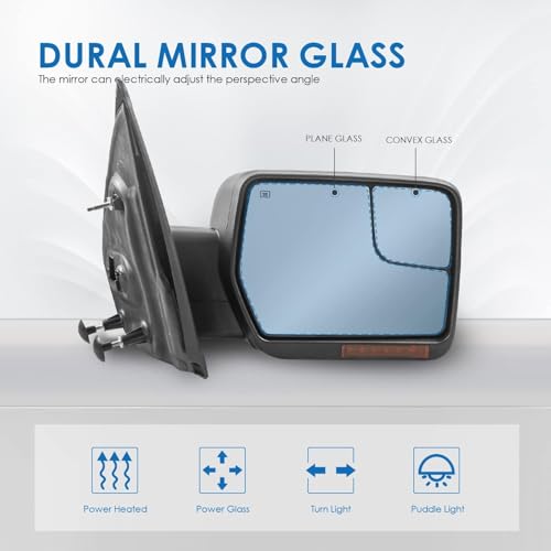 MOSTPLUS Power Heated Towing Mirror Compatible with 2004-2014 Ford F150 F-150 Power Heated Mirror w/Sequential Turn Light, Puddle Light, Dural Beam Black(set of 2) by MOSTPLUS - Image 3