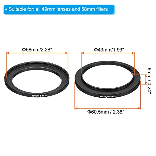 Image of PATIKIL 49mm-58mm Metal Step Up Ring, 2 Pack Camera Lens Filter Adapter Ring Aluminum Filter Adapter Ring for Camera Lenses Hood, Black
