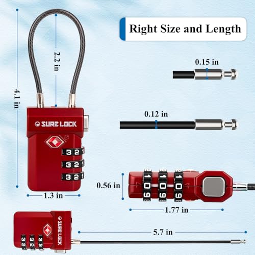 SURE LOCK TSA Approved Luggage Locks – 3-Digit Combination Cable Lock with Red Indicator, Large Dial & Easy-Press Button for Suitcases and Backpacks – Multi-Pack & Color Options