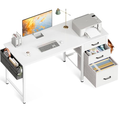 Coleshome Computer Desk with Drawers, 120×48cm Office Desk with Storage, Reversible Small White...