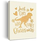 Dinosaur Lover Gold Foil Canvas Wall Art Just a Girl Who Loves Dinosaurs Quote Print Framed Canvas Painting Artwork Home Decor Gifts 12x15 Inch
