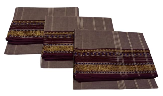 Kanji Cotton saree with Zari Border, Brown and Maroon, Traditional South Indian Style, pack of 1-image-36