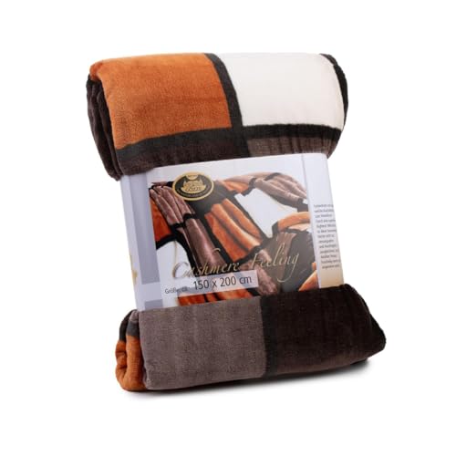 Gözze - Weiche Kuscheldecke, Cashmere Feeling, Hohes Stoffgewicht 500 g/m², Antigua, 150 x 200 cm - Zimt/Schwarz/Weiß