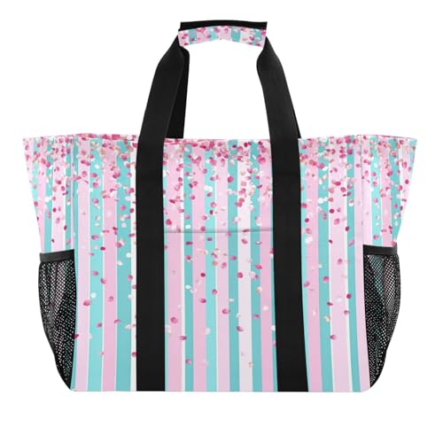 Petals Stripes Reusable Grocery Bags Large Tote Bag Waterproof Canvas Organizer for Beach Picnic Laundry Travel