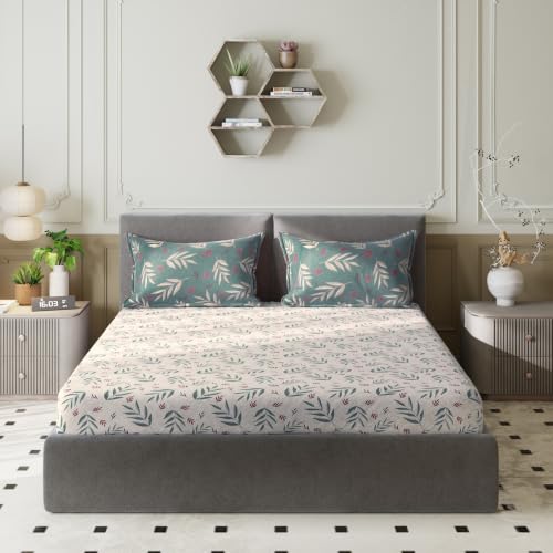 Image of Amazon Basics - 100% Cotton Flat Bedsheet | 144TC |Queen Bed Sheet with 2 Pillow Cover|Soft Cotton | Leaf Print | 90 Inch x 100 Inch, Grey