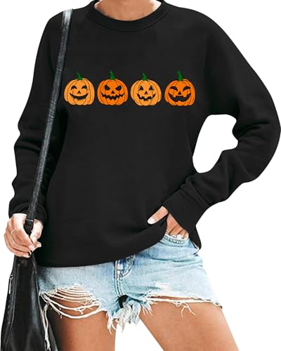 Teyseev Halloween Sweatshirt for Women Pumpkin Face Pullover Fall Season Long Sleeve Thanksgiving Graphic Sweater Top Black