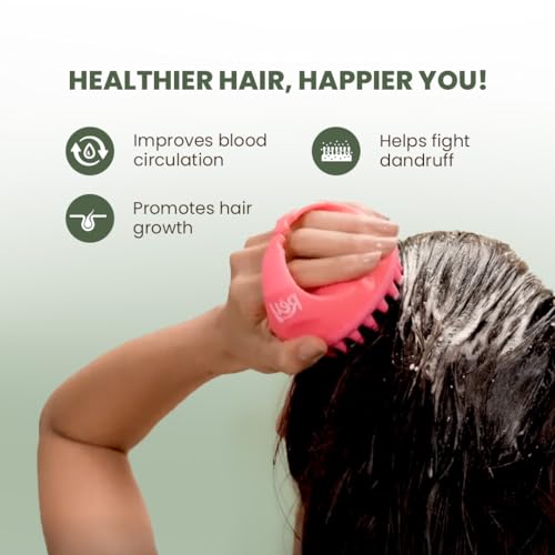 Image of Rey Naturals Hair Scalp Massager Shampoo Brush - Hair Growth, Scalp Care, and Relaxation - Soft Bristles for Gentle Massage - Pink Color (Red & Black)