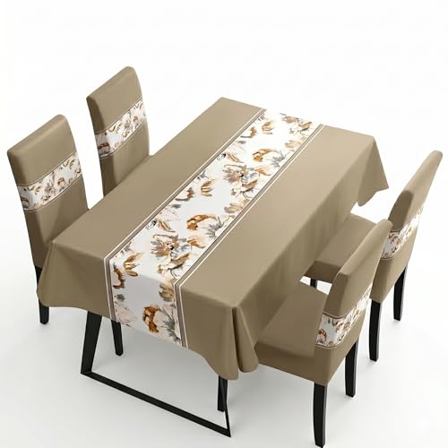 Image of Styleys Dining Chair Cover with Table Covers for Kitchen Waterproof Dining Table Cloth (1 Table Cover + 4 Chair Cover, Light Brown Flower, K723)