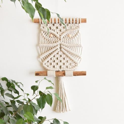 Image of tms Macrame Owl Wall Hanging - Off-White, 10x18 Inch | Handmade Boho Home Decor | Cotton Rope Wall Art | Vintage Owl Design | Living Room, Bedroom & Office Decoration | Housewarming & Gift Item