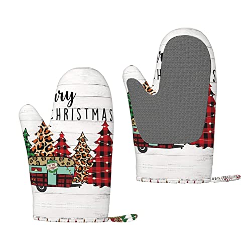 Horno de guantes de horno de silicona con impresión de Navidad para barbacoa, juego de cocina para hornear, barbacoa, guantelete de microondas Cover