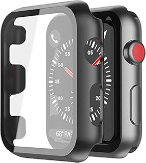 Yolin [2-Pack] Hard Protective Case with Tempered Glass Screen Protector Compatible Apple Watch Series 3 42mm, PC Ultra-Thin All-around Cover For iwatch 42mm (2 Black)