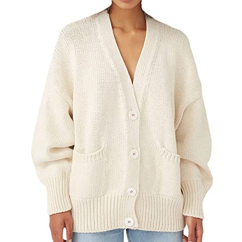 JIAREN Cardigan Femme, Cardigan Femme Blanc Uni Col en V Crochet Fin avec Poche Manteau en Tricot Doux Printemps Automne Chaud Veste en Tricot Manches Longues Bouton Ouvert Pull Casual Outwear,XXL