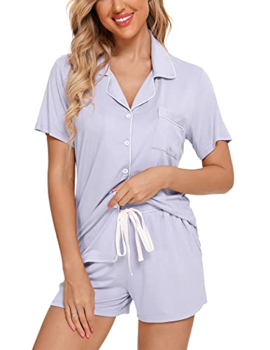 Image of Pjmlifecoco Women's Modal Pajama Set Short Sleeve Button Down Two Piece Soft Sleepwear with Shorts Loungewear S-XXL