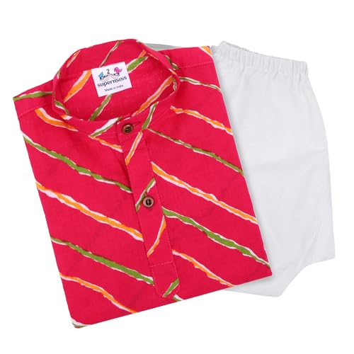 Image of superminis Cotton Boys Sanganeri Lehariya Printed Kurta Set with White Pyjama Elastic Closure