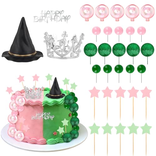 33 Pieces Pink and Green Cake Decorations with Mini Black Witch Hat Silver Crown Balloons Happy Birthday Cake Topper for Girls Women Princess Witch Birthday Party Decorations Supplies