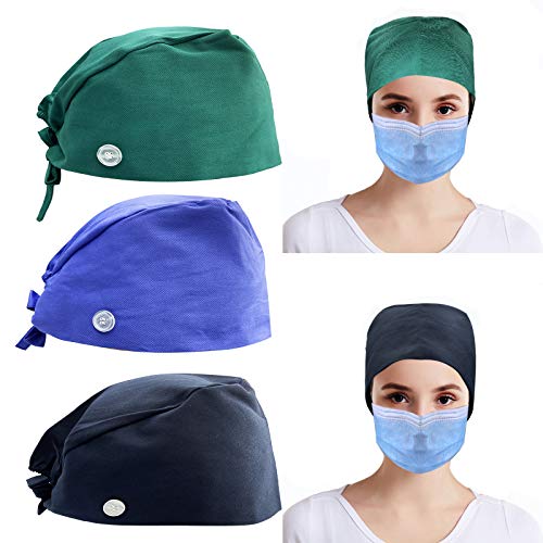 LAXPICOL 3PCS Black Blue Green Working Caps with Sweatband and Buttons Adjustable Hats Head Hair Bands Cover for Women Men