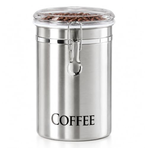 Oggi Stainless Steel Coffee Canister 62 fl oz - Airtight Clamp Lid, Clear See-Thru Top - Ideal for Coffee Bean Storage, Ground Coffee Storage, Kitchen Storage, Pantry Storage. Large Size 5' x 7.5'.