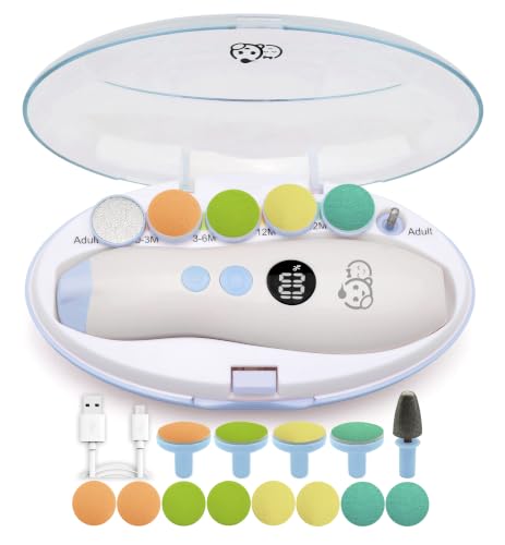 Image of Royal Angels Rechargeable 22 in 1 Baby Nail Trimmer with LCD Display, Labeled Case, 13 Extra Pads, 4 Speed Settings, Safe Quiet LED Light Electric Baby Nail File Kit for Newborns Toddlers (WhiteBlue)