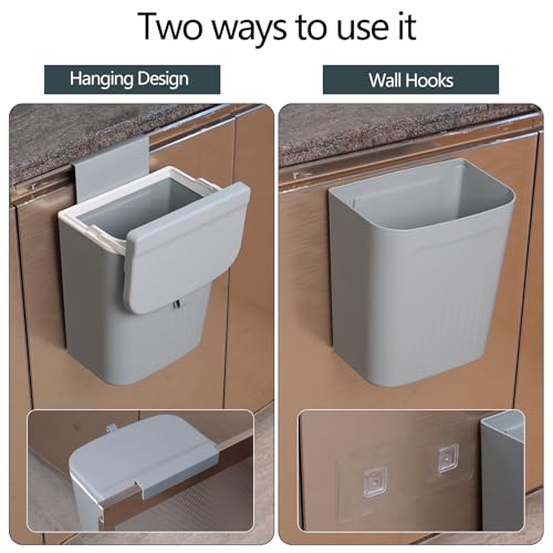 Image of 3.2 Gallon /12 L Plastic Kitchen Compost Bin, Hanging Trash Can with Lid, Wall-Mounted Garbage Can, Grey