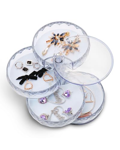 CONBOLA Acrylic Jewelry Organizer, Small Storage Box Jewelry Earring Holder for Women, 5-Layer Rotating Travel Jewelry Tray Case with Lid for Bracelet