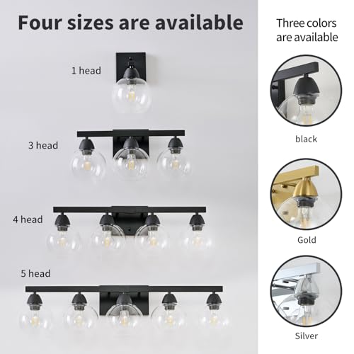 Image of Bathroom Light Fixtures, 1-Light Matte Black Vanity Light with Hand-Blown Globe Glass Shade, High Clarity & Durable, Wall Sconce for Mirror, Kitchen, Bedroom, Hallway-2P