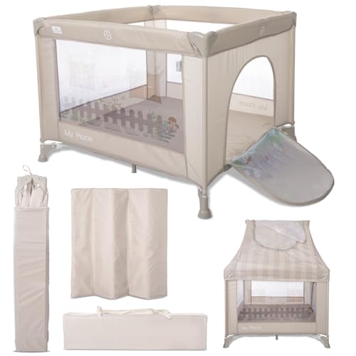 Lorelli Baby Laufstall My Place mit Dach, kleiner Laufgitter 100x100 cm, Absperrgitter mit atmungsaktivem Netz, Schutzgitter mit Reißverschlusstür, faltbarer Krabbelgitter, Beige