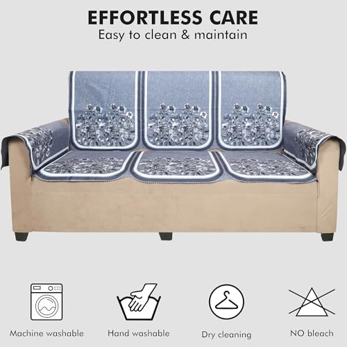 Image of Velvet 3 Seater Sofa Cover with 6 Seat and Back Covers, 2 Hand Rest Covers - Floral Design - Washable Fabric - Stylish Sofa Cover for Modern Living Room (Grey, 3 Seater With Arm Cover)