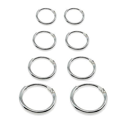 4 Pair Set Sterling Silver 10mm, 12mm, 14mm & 16mm Thin Round Continuous Endless Unisex Hoop Earrings