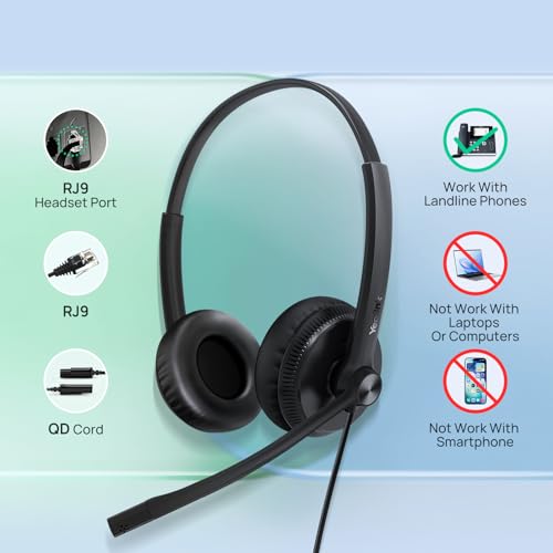 Image of Yealink Phone Headsets for Office Phones YHS34 QD to RJ9 Wired Headset | Leather ear pads,Compatible with Poly Snom Phones Desk Landline Headset with Microphone -Dual /129g /2.1m Cable