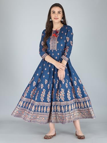 Image of Aj Art Anarkali Kurti for Women and Girls Floral Golden Print Regular Slim Fit Rayon Blue (Set of 1)