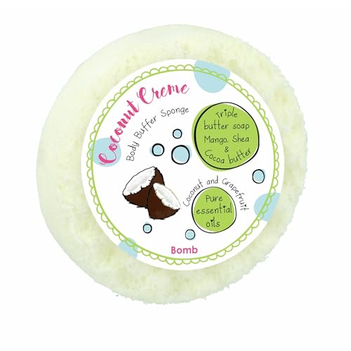 Bomb Cosmetics Éponge 2 en 1 infusée de savon pour le corps, exfoliante, triple beurre avec savon à l'intérieur de la crème de noix de coco