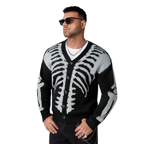 Cardigan crâne d'Halloween pour homme veste en tricot noir style squelette décontracté automne