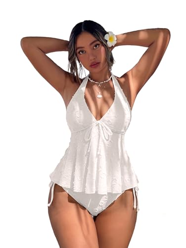 SISKIN Women Two Piece Tankini Textured Polka Dot Halter Cute Ruffle Hem High Waist Bottom Wireless Bathing Suit for Beach Vacation and Cruise Island Holiday White M