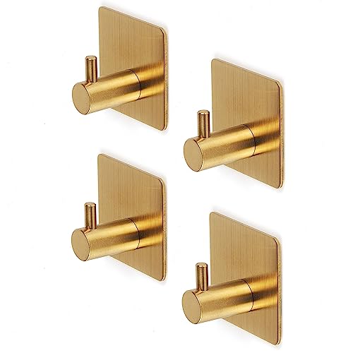 4 Pack Stainless Steel Self Adhesive Hooks Heavy Duty, Door Wall Coat Hooks, Bathroom Towel Hooks, Kitchen Hooks, Stick on Hooks for Hanging Coat Bag Hat Towel Kitchen Supplies, No Drilling - Gold
