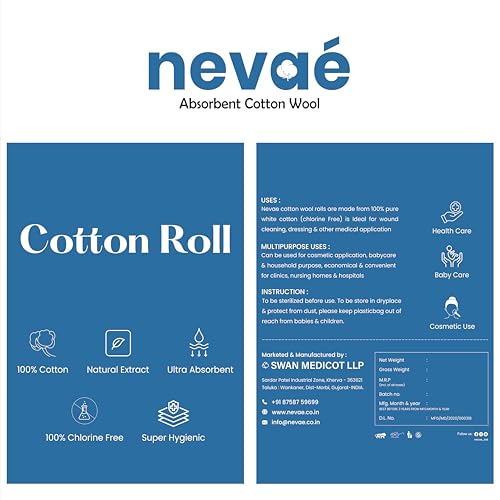 Image of Nevae 100% Pure Cotton Roll| Absorbent Cotton Wool | Soft, Hygienic & Chlorine Free | For Medical, Baby Care, Makeup & Household Use (400gm) | Soft Cotton Wool for Makeup Removal, Skincare and Everyday Beauty Care